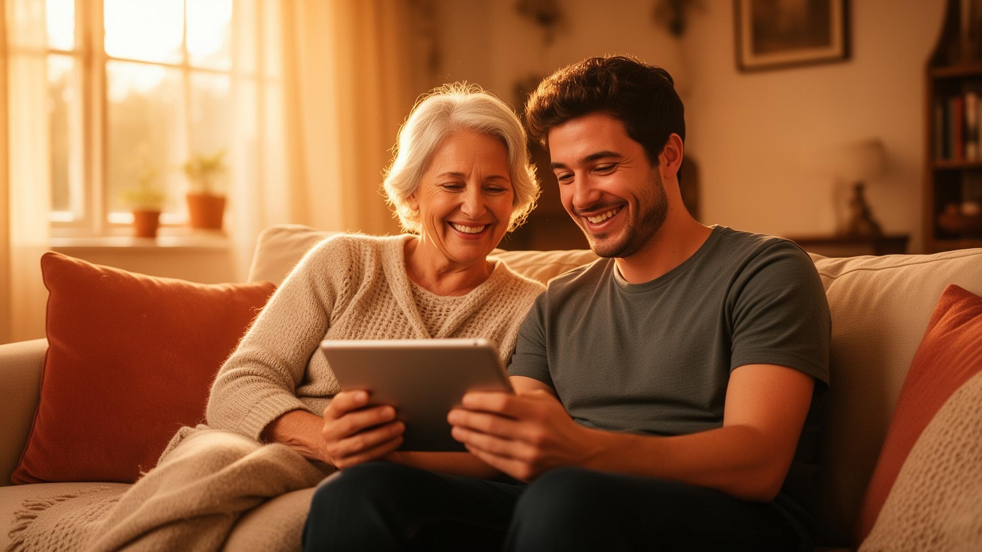 A smiling senior woman and her grandson sharing a tablet together on a cozy sofa